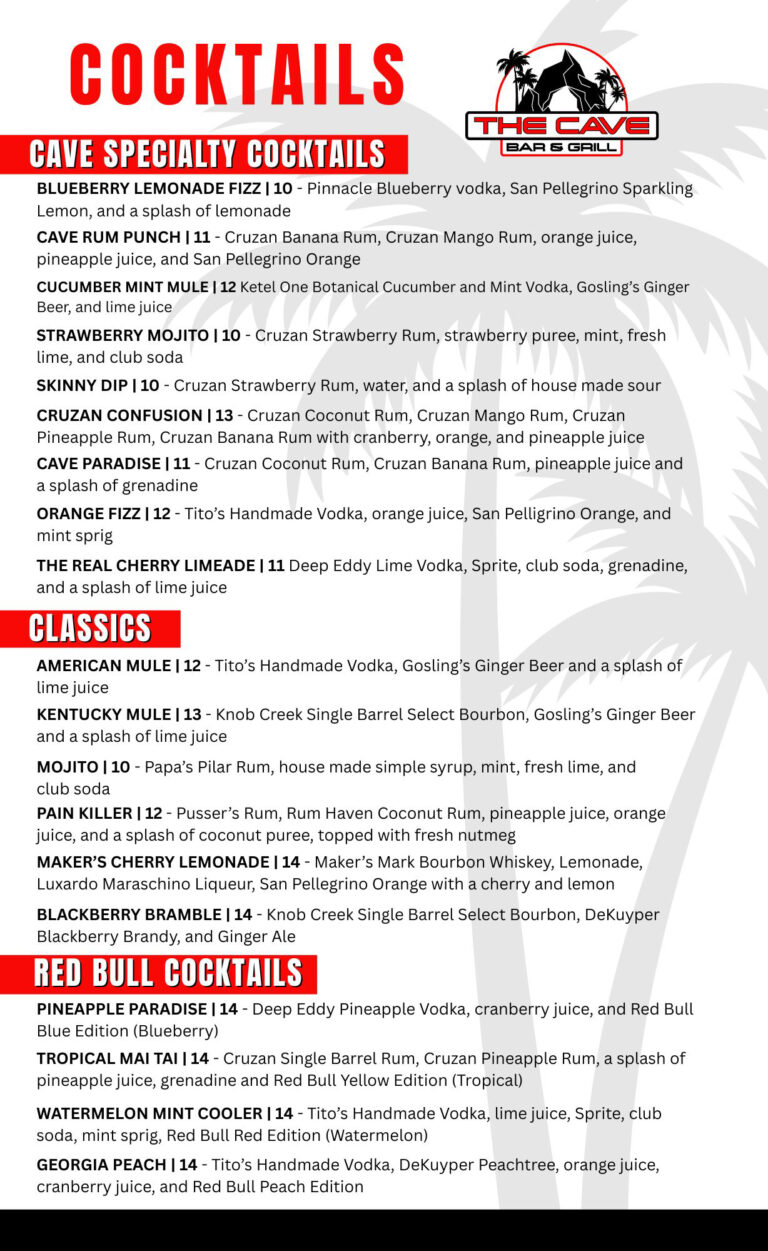 Cave Specialty Cocktails, Classics and Red Bull Cocktails